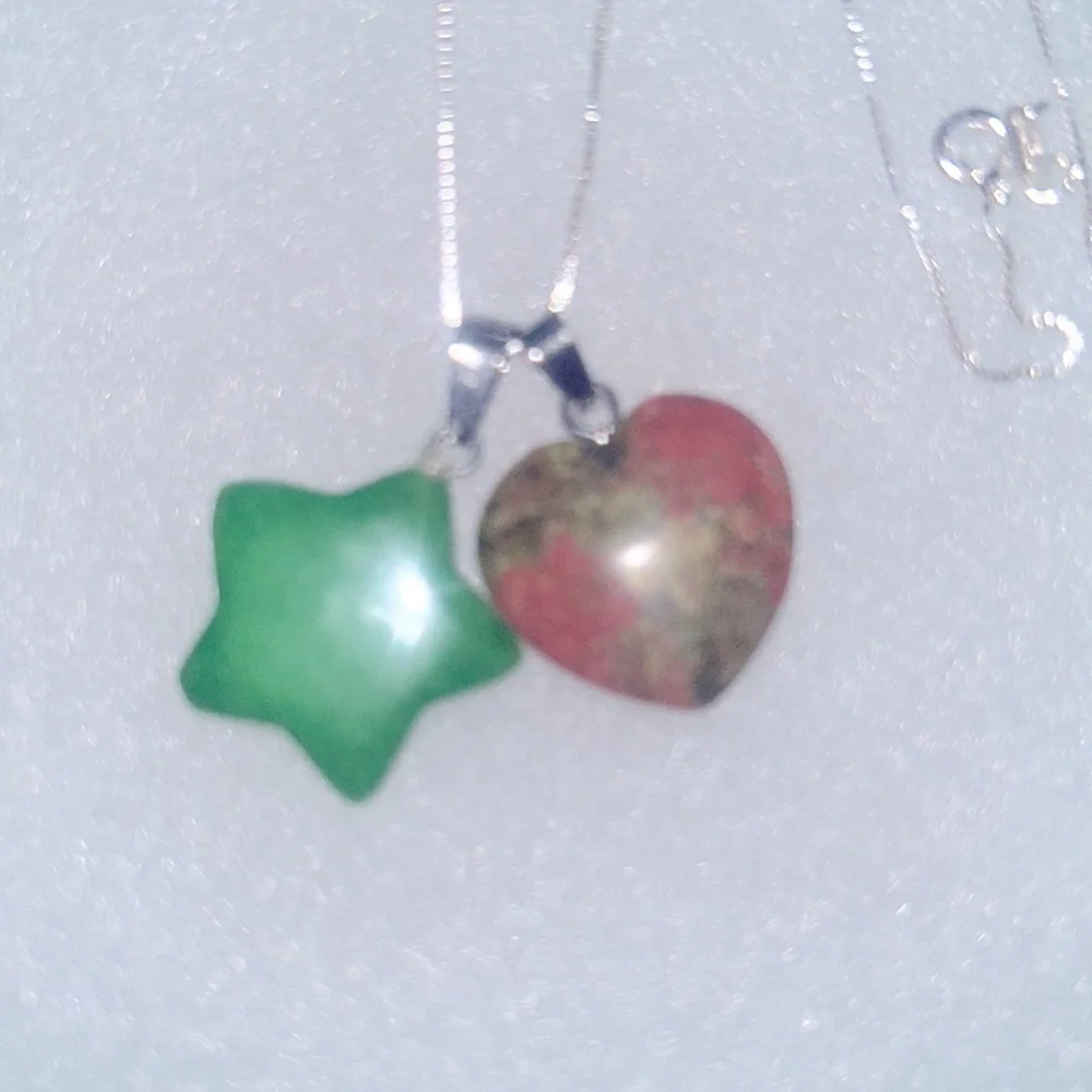 Jade Star and Unakite Heart sterling silver 16” necklace